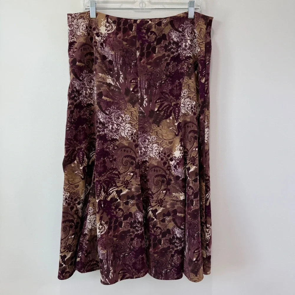 Vintage Fall Vibes Purple Paisley Boho Midi Skirt 14 Floral Stretch Velvet Suede